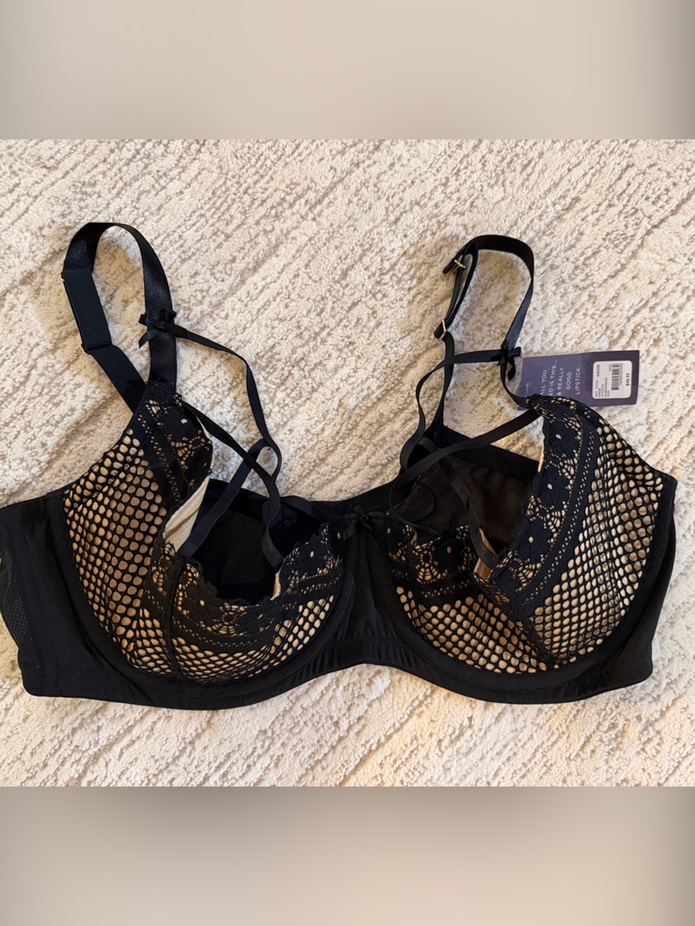 NWT Cacique Black Lace & Fishnet strappy caged Underwire Bra 44DDD